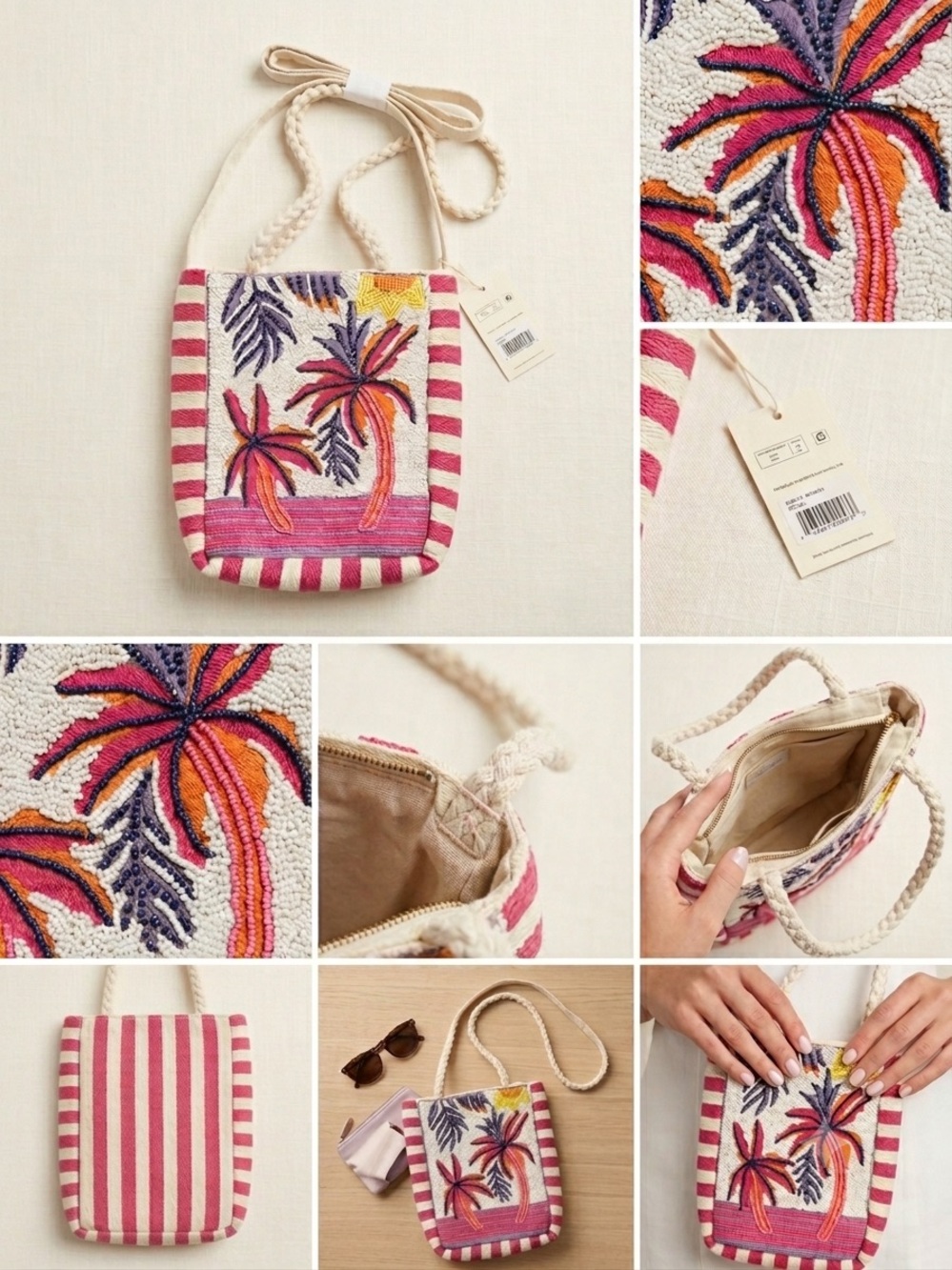 🌴 NWT Tropical Beaded Palm Tree Crossbody Bag | Pink Stripe Boho Summer Resort